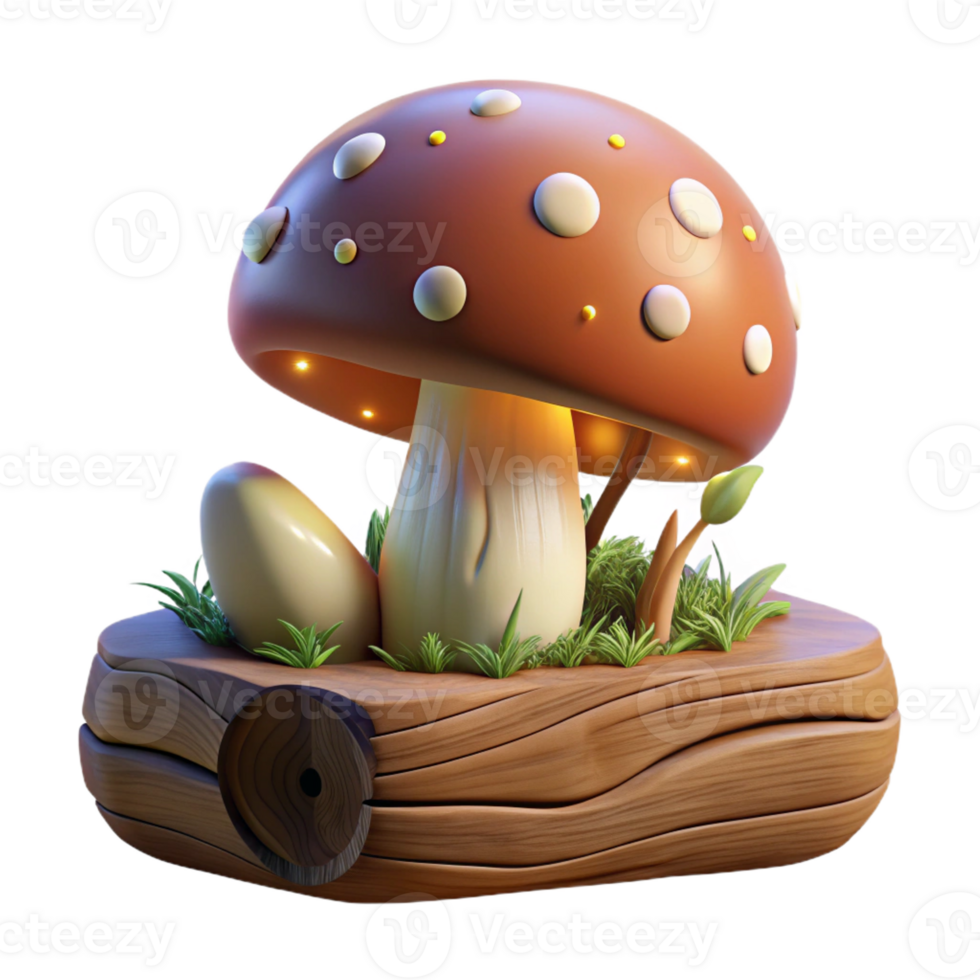 magnificent minimalist A mushroom growing on a fallen log, damp forest lighting, whimsical style detailed png