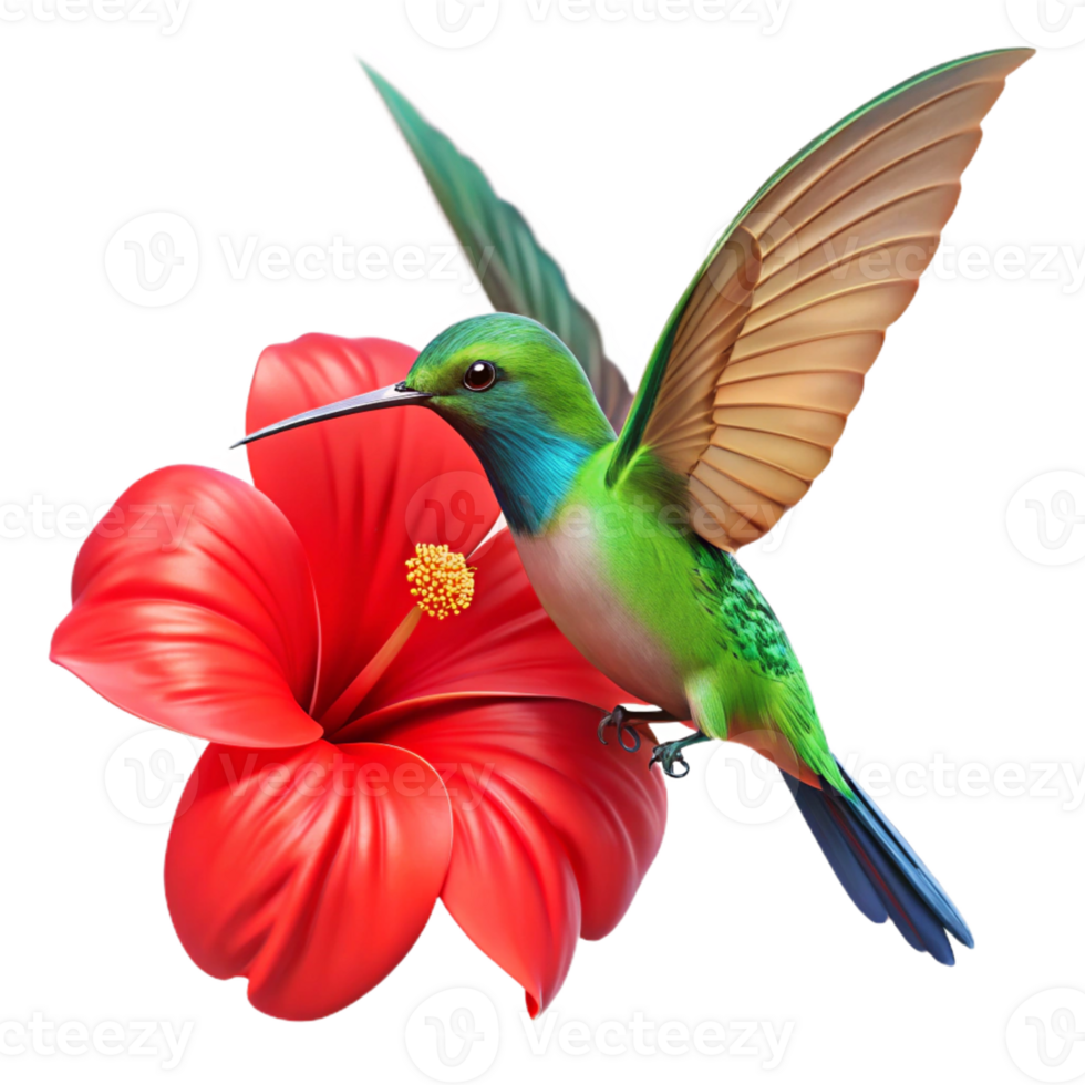 extraordinary creative A vibrant hummingbird hovering over a bright red hibiscus flower, wings a blur of motion, captured in macro detail. Photorealistic style exclusive png
