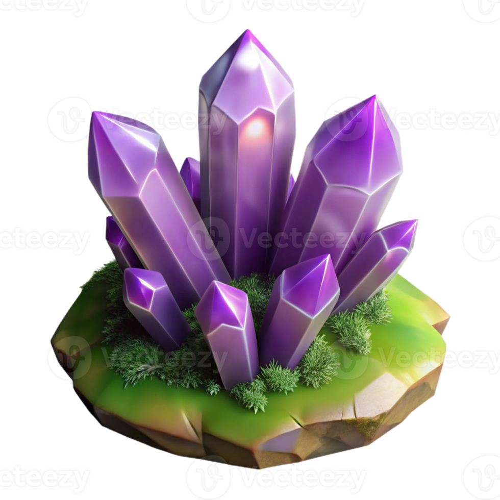 impressive artistic A cluster of amethyst crystals sprouting from a mossy rock, soft, ethereal lighting, fantasy art style original png