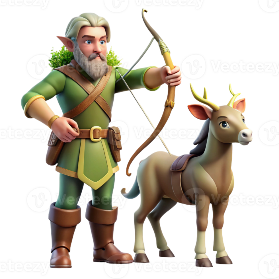 impressive vintage A wise old centaur with a bow and arrow, teaching a young elf archery. Soft, forest lighting, mythical fantasy style high quality png