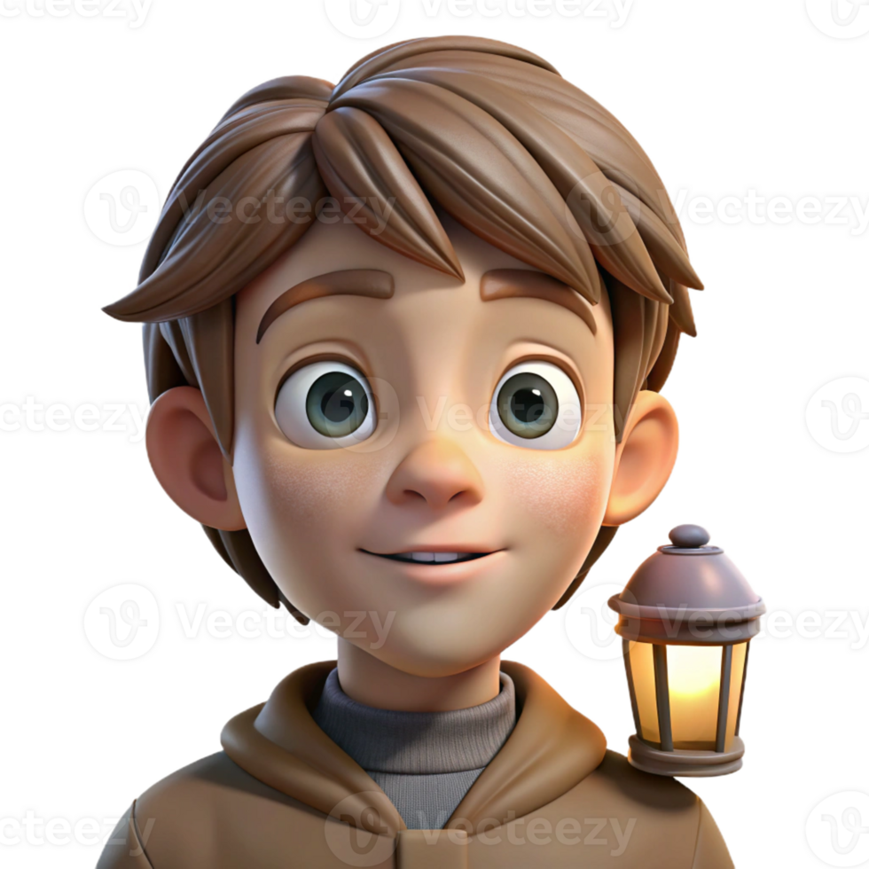 serene abstract Portrait of a young boy with wide eyes and a curious expression, lit by the soft light of a lantern, in a fantasy art style genuine png