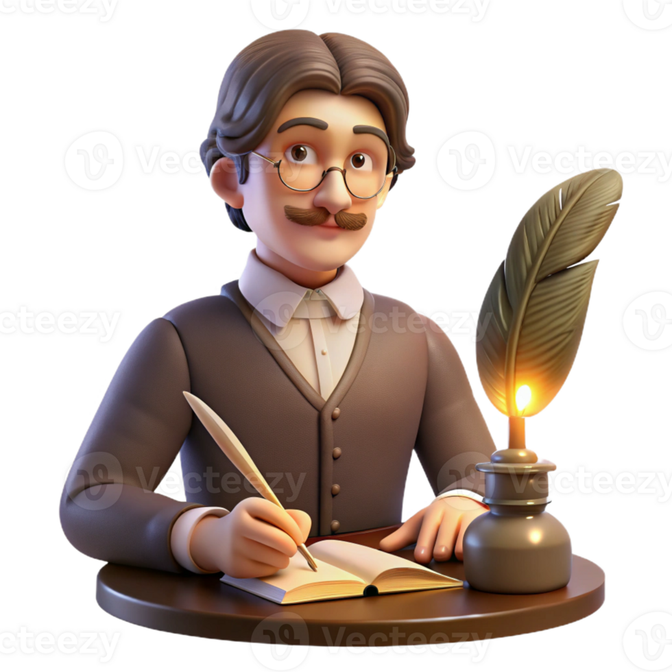 dramatic contemporary Portrait of a writer with a pensive expression, holding a quill pen, lit by the warm glow of a desk lamp, in a vintage, romantic style original png