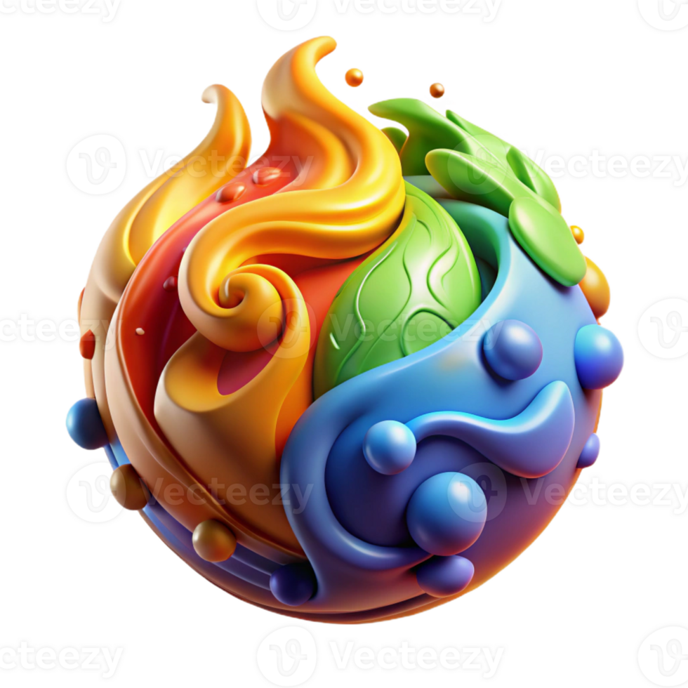 serene modern A powerful elemental with swirling earth, air, fire, and water surrounding them. Vibrant, multicolored lighting. Abstract style premium png