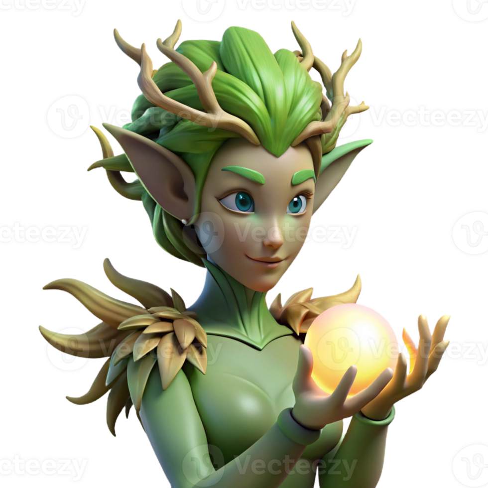 beautiful artistic A serene dryad with bark-like skin and leafy hair, cradling a glowing orb of nature's energy. Soft, dappled lighting. Fantasy art style original png