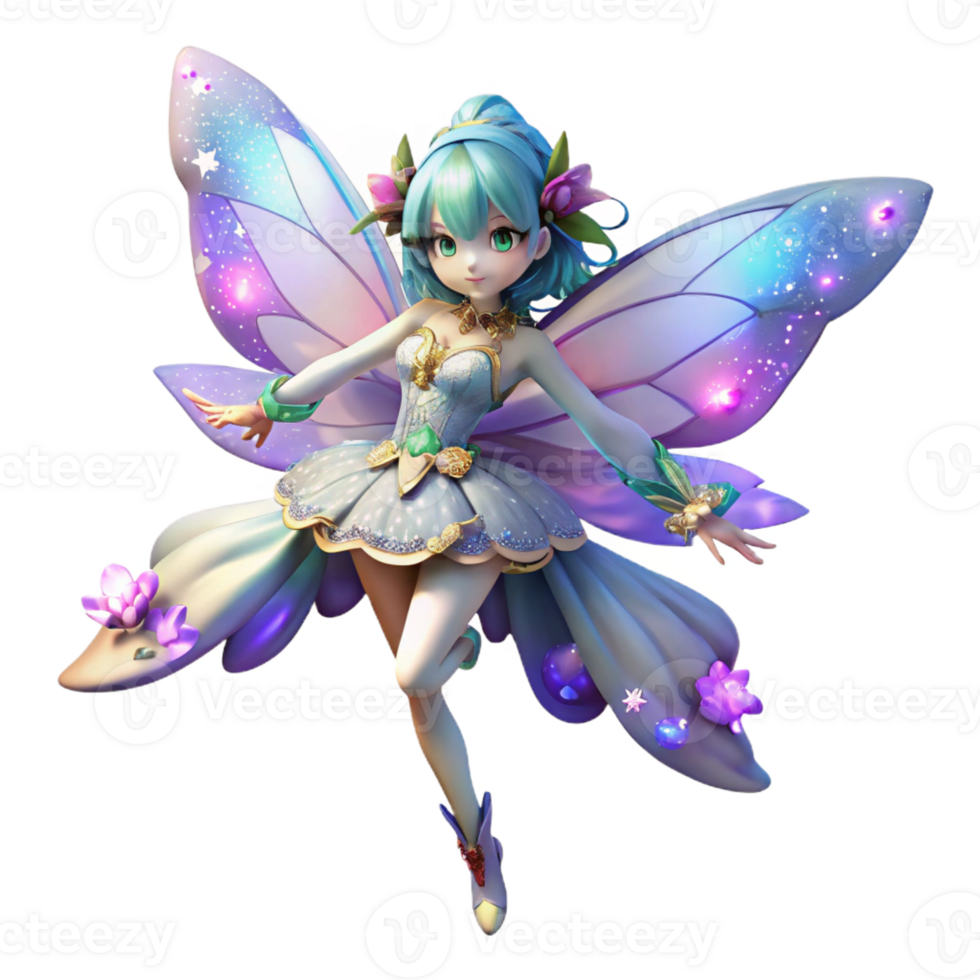 elegant vintage A whimsical anime fairy with iridescent wings, fluttering among flowers, magical lighting with sparkles and glow, in the style of a fantasy anime premium png