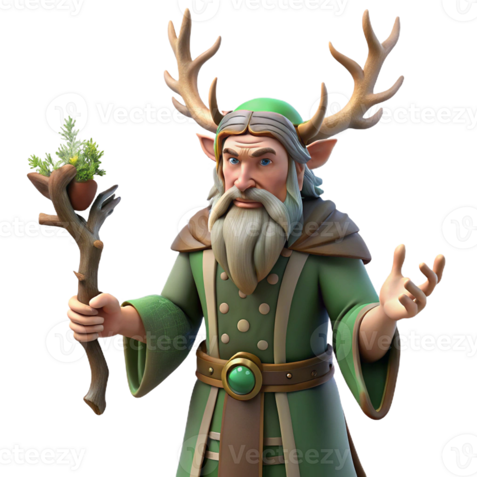 serene creative A wise druid with intricate tattoos and antler headdress, performing a ritual in a sacred grove. Soft, dappled forest lighting. Celtic mythology style exclusive png
