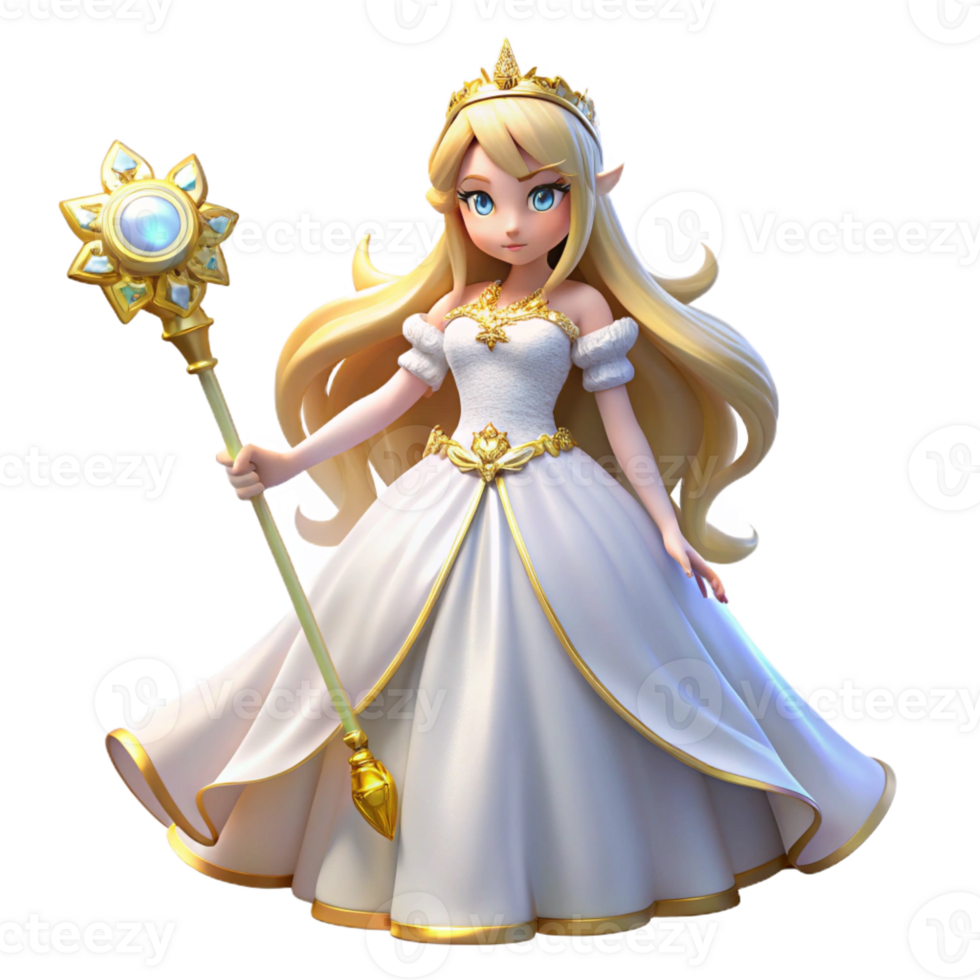 serene minimalist An elegant anime princess with long golden hair and a flowing white gown, holding a scepter, regal lighting with soft glow, in the style of a fairytale anime exclusive png