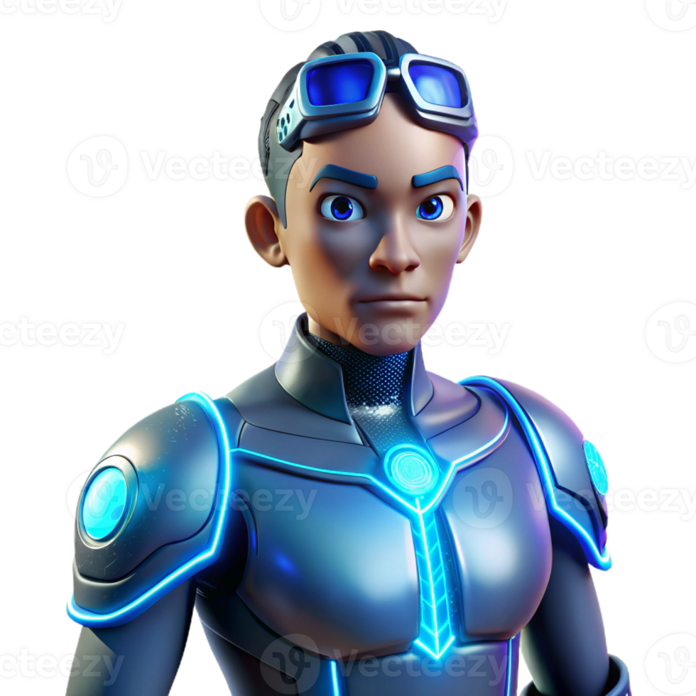 beautiful creative A cyborg with glowing blue circuitry visible beneath their synthetic skin, in a dynamic, anime style professional png