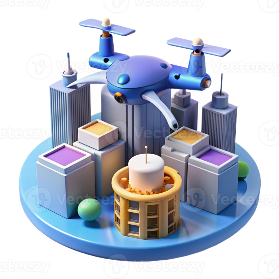 stunning contemporary A drone delivering a package in a futuristic city, aerial perspective, dynamic lighting high quality png