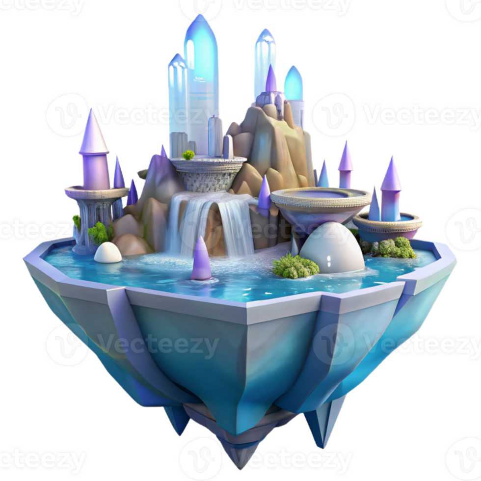 impressive vintage Floating island city, waterfalls cascading down the sides, crystal towers, dreamlike lighting, fantasy style original png