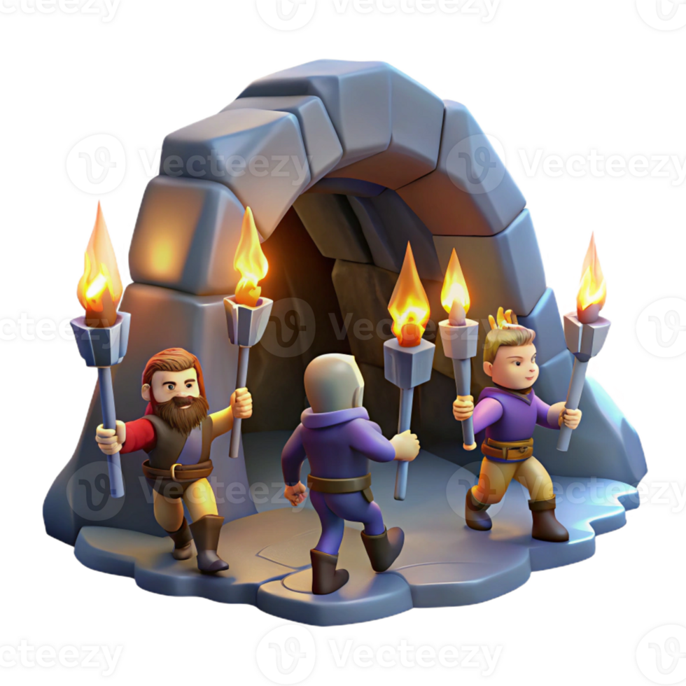 extraordinary abstract A group of brave adventurers exploring a dark dungeon, torches illuminating the path, suspenseful and adventurous style detailed png