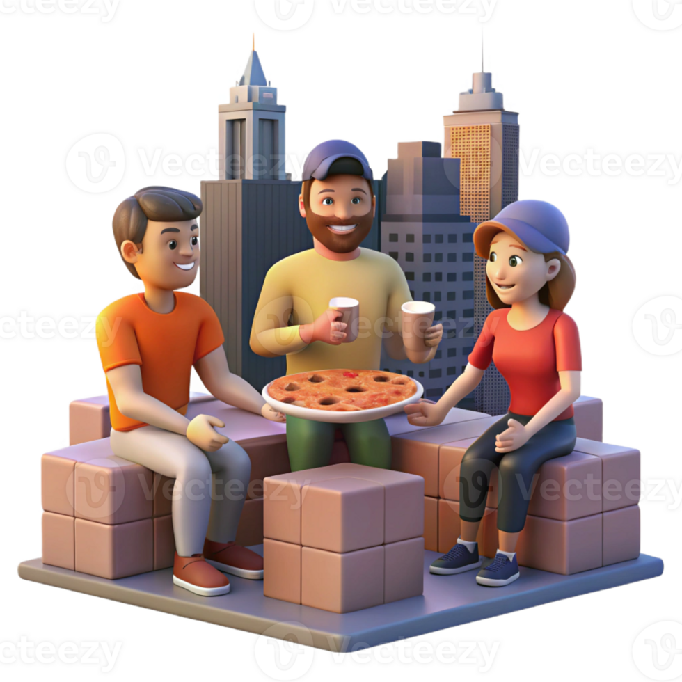 impressive traditional A group of friends sharing a pizza on a rooftop overlooking the city, urban lifestyle photography, sunset lighting 4K png