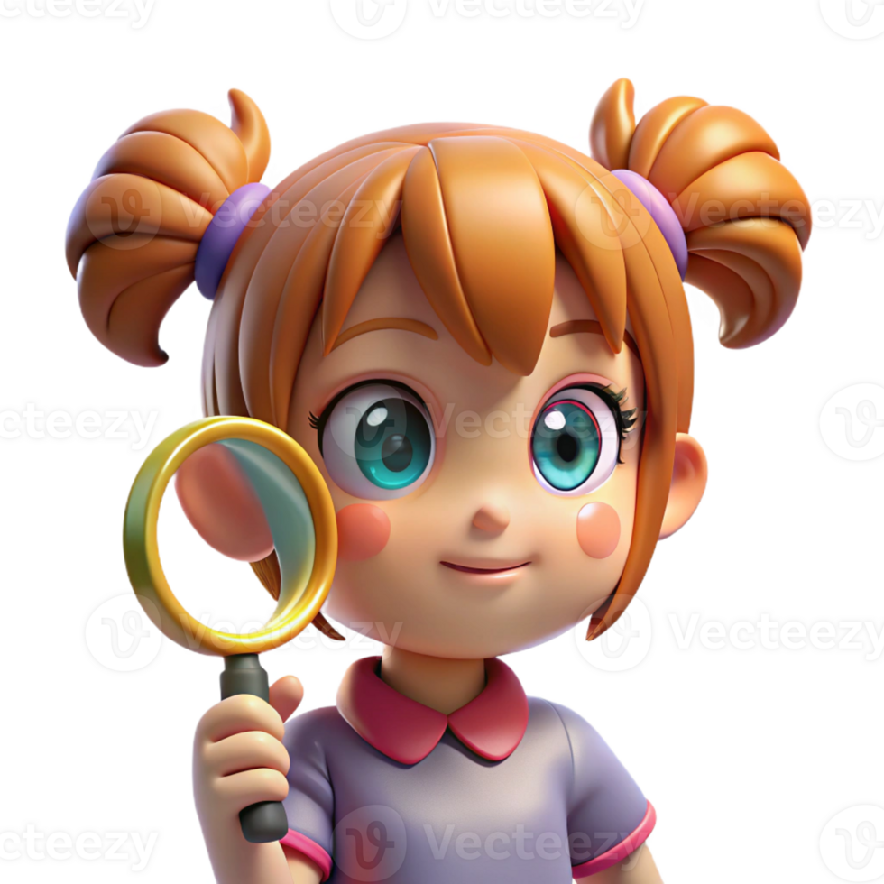 magnificent classic A curious anime child with wide eyes and pigtails, holding a magnifying glass, bright, cheerful lighting, in the style of an adventure anime genuine png