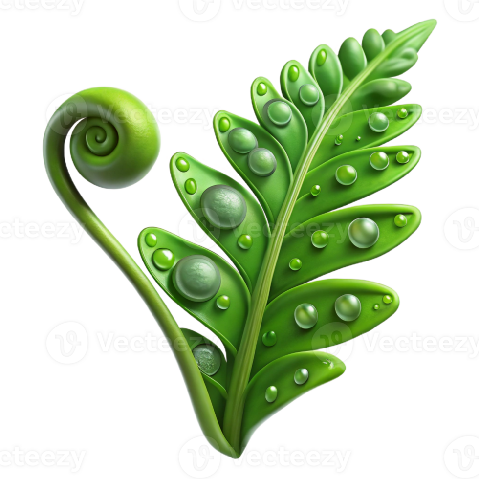 serene artistic A lush, green fern frond unfurling, droplets of dew clinging to its delicate surface, soft diffused lighting, botanical illustration style 4K png