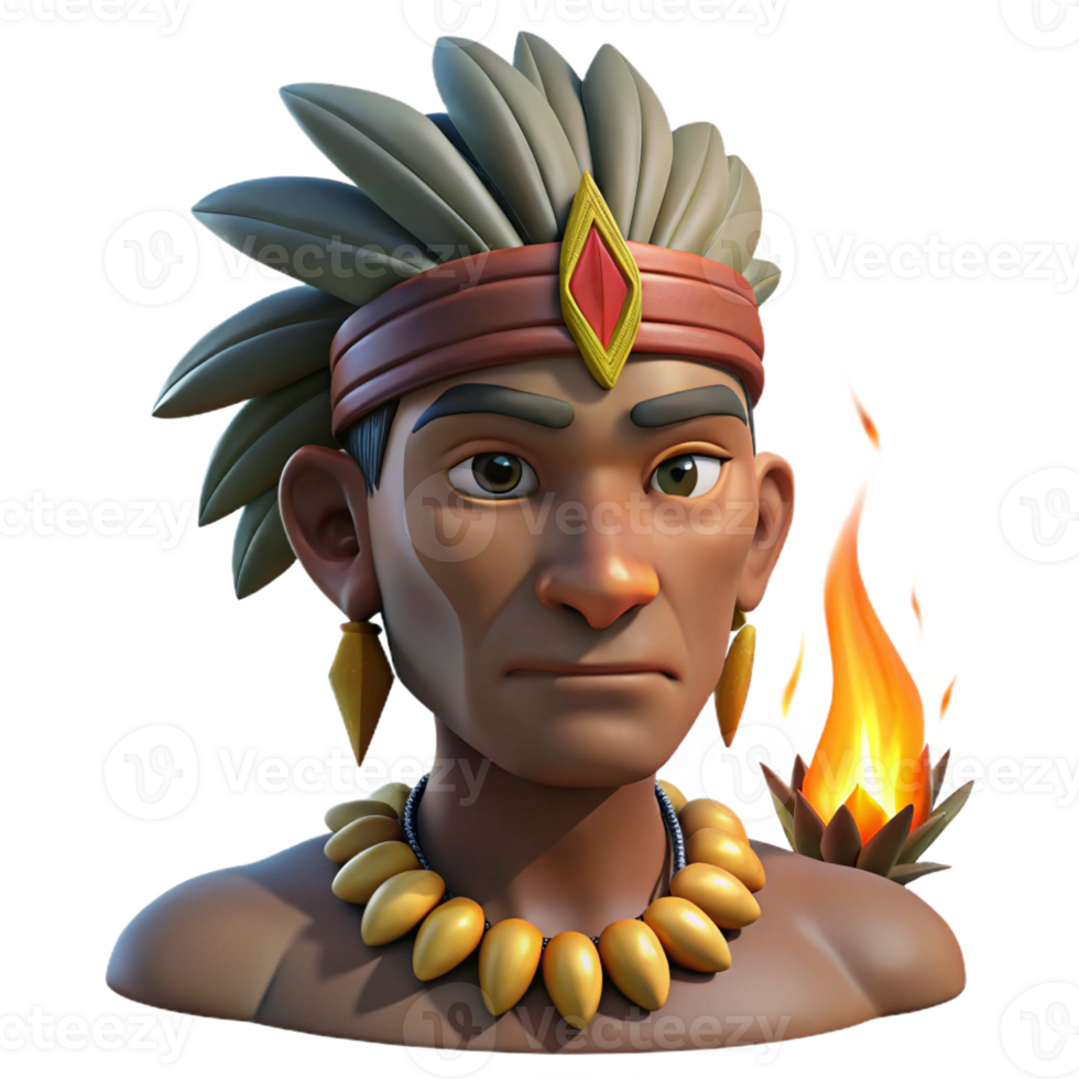 dramatic traditional Portrait of a man with tribal markings and traditional headdress, lit by a bonfire, in an indigenous art style high quality png