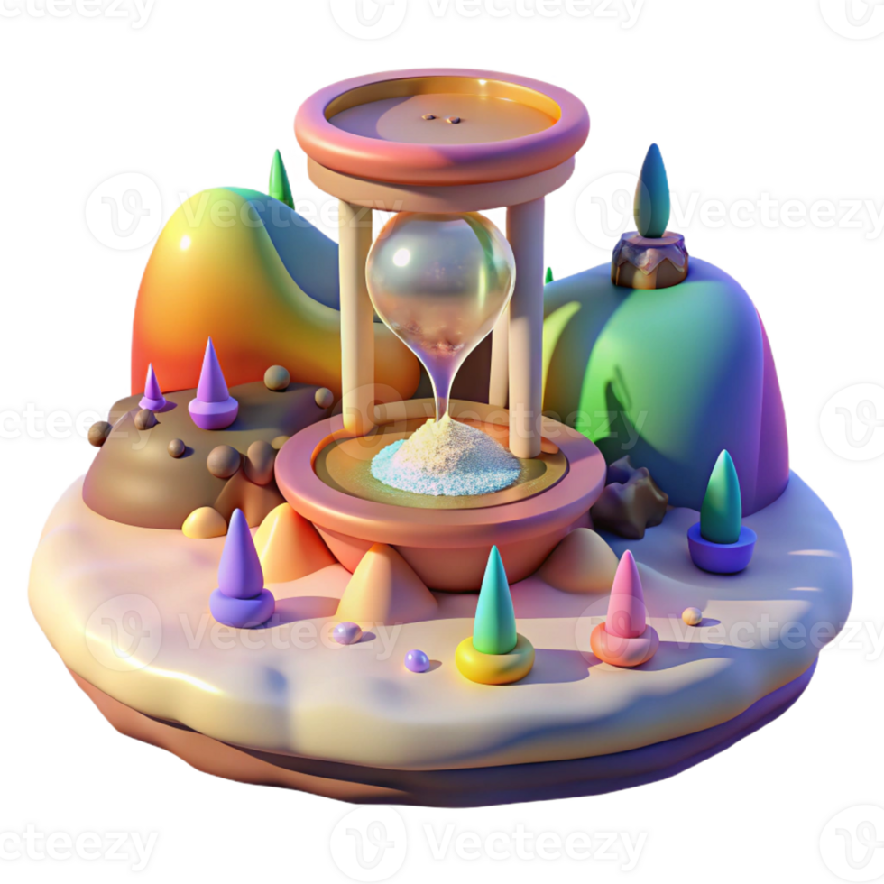 stunning minimalist A giant clock melting into a puddle of rainbow-colored sand, surrounded by floating islands made of musical instruments, under a dim, ethereal light. Surrealist painting style 4K png