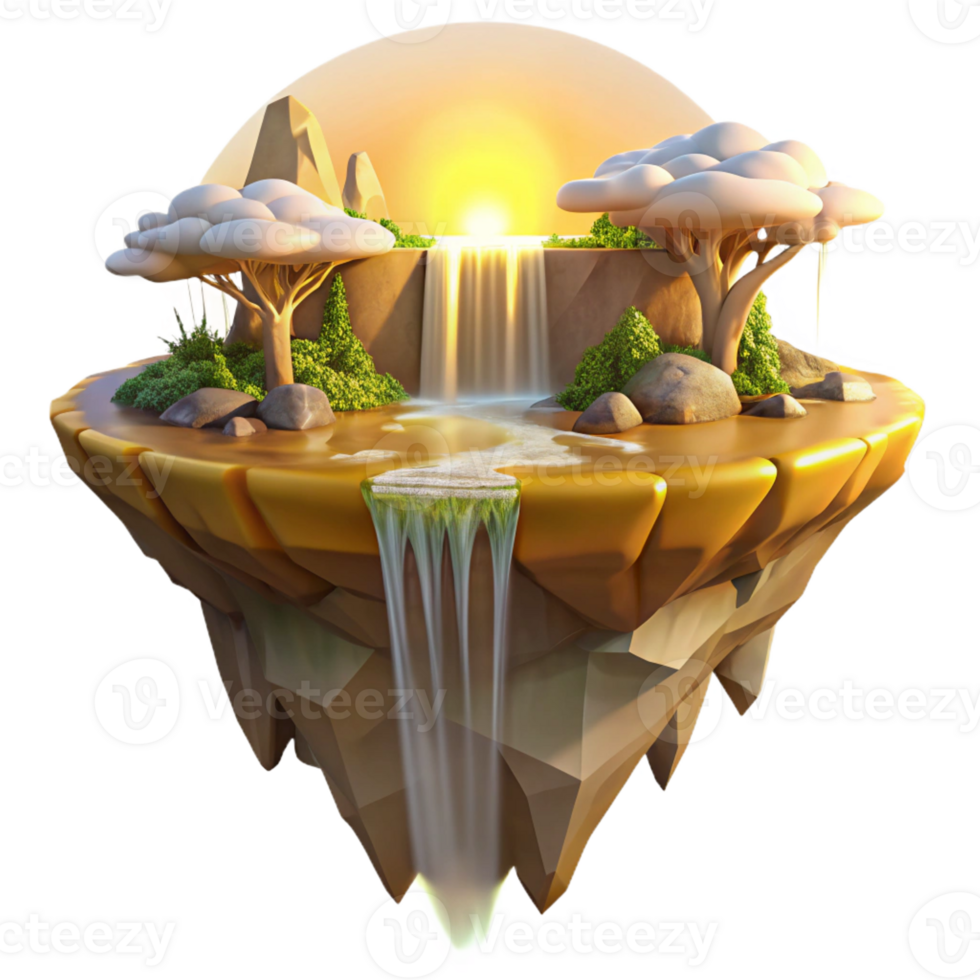 vibrant traditional A mystical floating island with waterfalls cascading down its sides, bathed in golden sunlight, serene and magical style high quality png
