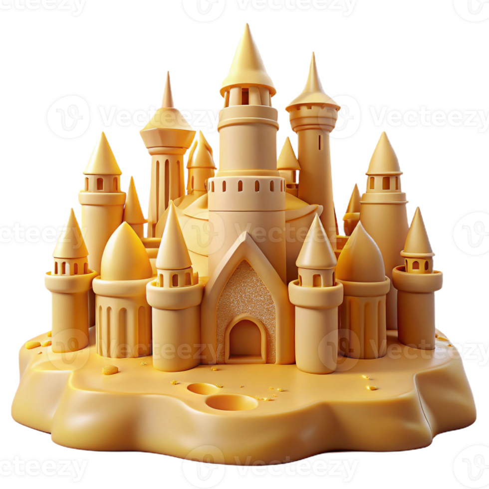 extraordinary modern Sandcastle city, intricate towers and walls, warm golden light, surreal style premium png