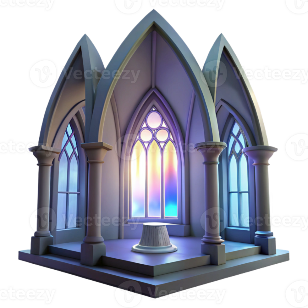 wonderful abstract Gothic cathedral interior, stained glass depicting abstract shapes, dim ethereal lighting, single ray of light from a high window, hyperrealistic style authentic png