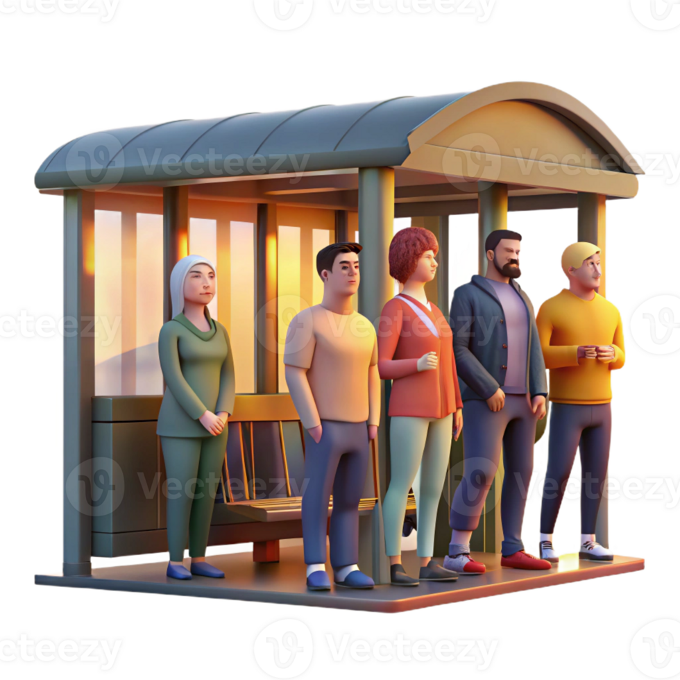 beautiful creative A hyperrealistic portrait of a diverse group of urban commuters waiting at a bus stop at dawn, soft golden light, photorealistic style premium png