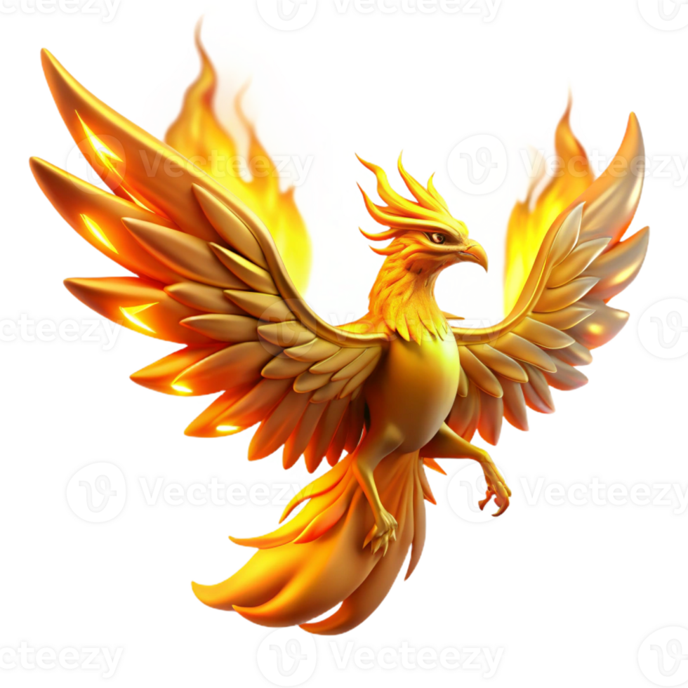dramatic contemporary A majestic phoenix rising from the ashes, bathed in golden light. Intense, fiery lighting. Fantasy art style 4K png