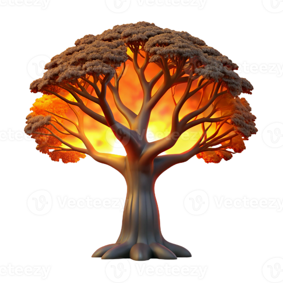 beautiful artistic A gnarled oak tree silhouetted against a fiery sunset, stark and dramatic lighting, etching style high quality png