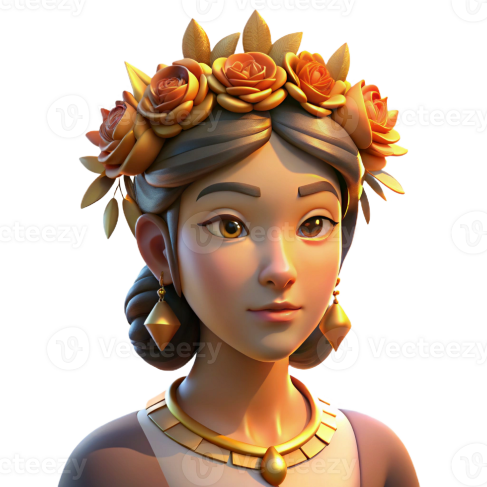 elegant modern Portrait of a woman with an elaborate floral crown and a serene expression, lit by the golden light of a sunset, in a bohemian style high quality png
