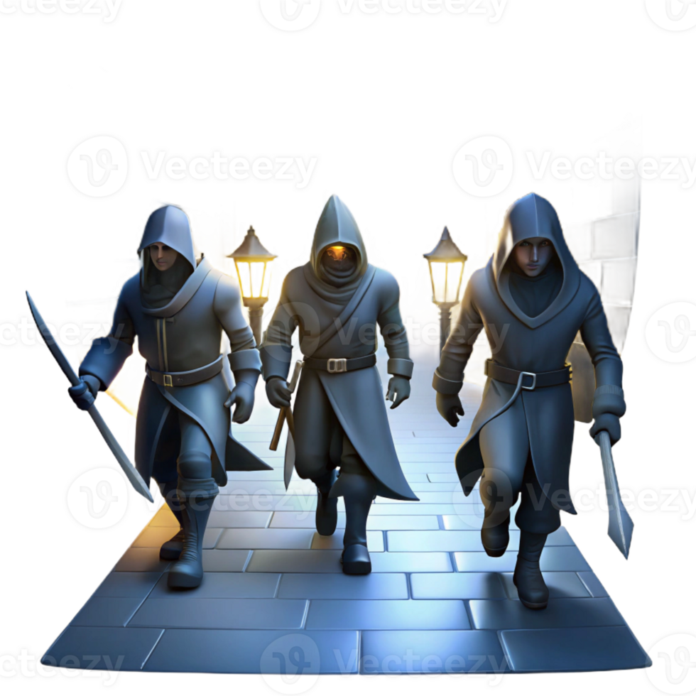 serene modern A group of shadowy assassins with glowing daggers stalking through a dark alleyway. Lit by flickering gaslight, depicted in a gritty, noir style high quality png