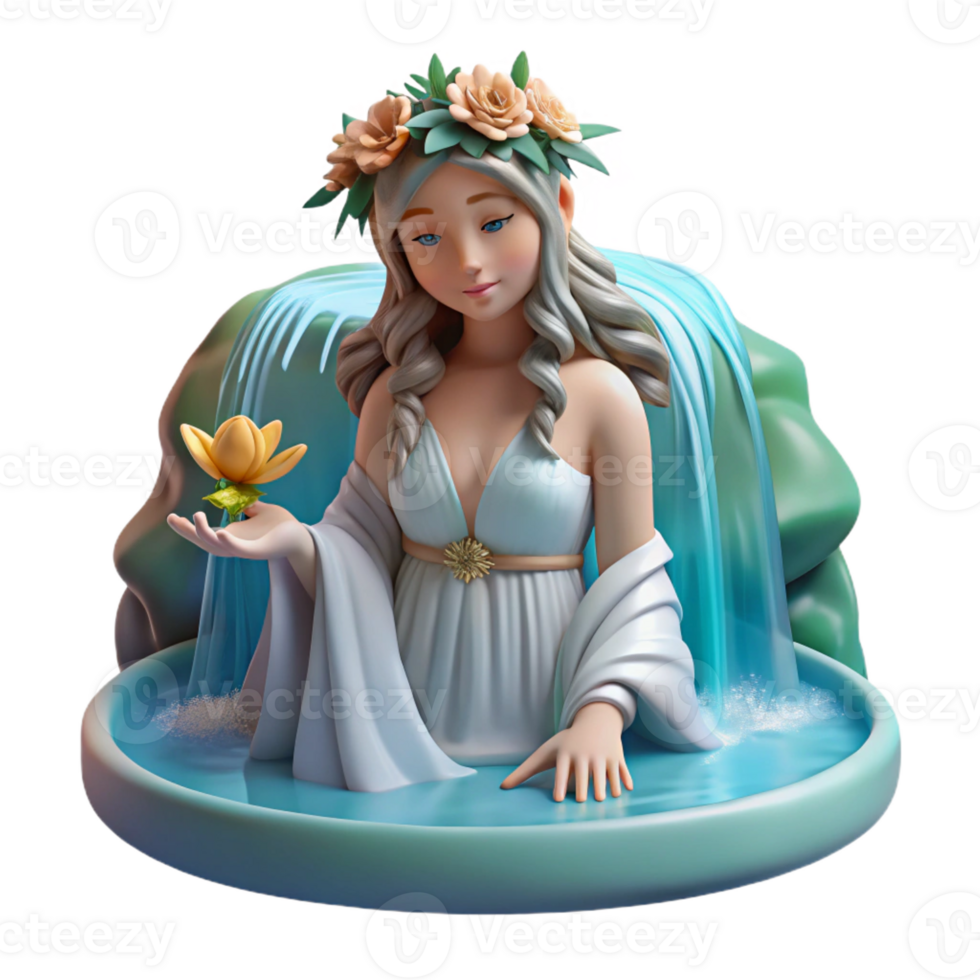 elegant creative A beautiful nymph with flowing robes and a flower crown, bathing in a waterfall. Art Nouveau style, soft lighting authentic png