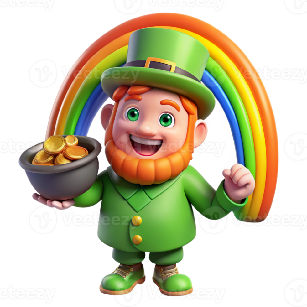 beautiful modern A mischievous leprechaun with a pot of gold, hiding at the end of a rainbow. Vibrant, magical lighting. Irish folklore style 4K png
