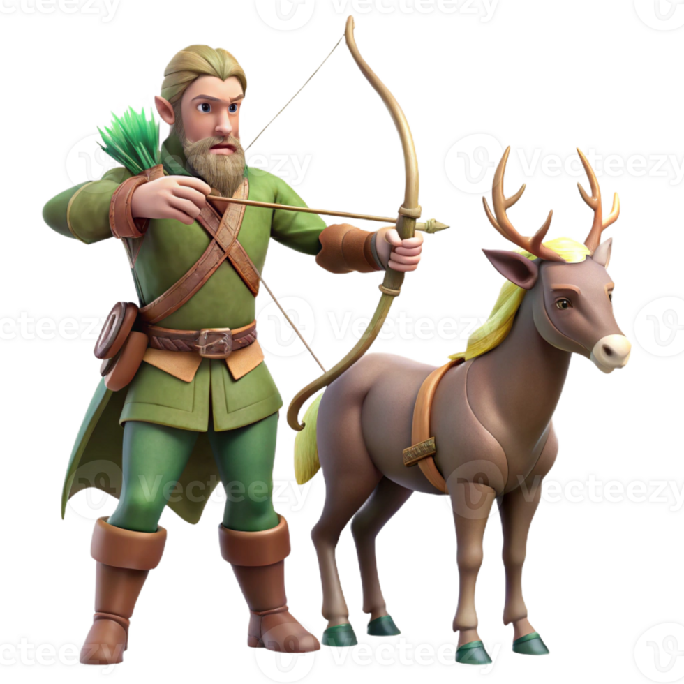dramatic artistic A wise old centaur with a bow and arrow, teaching a young elf archery. Soft, forest lighting, mythical fantasy style exclusive png