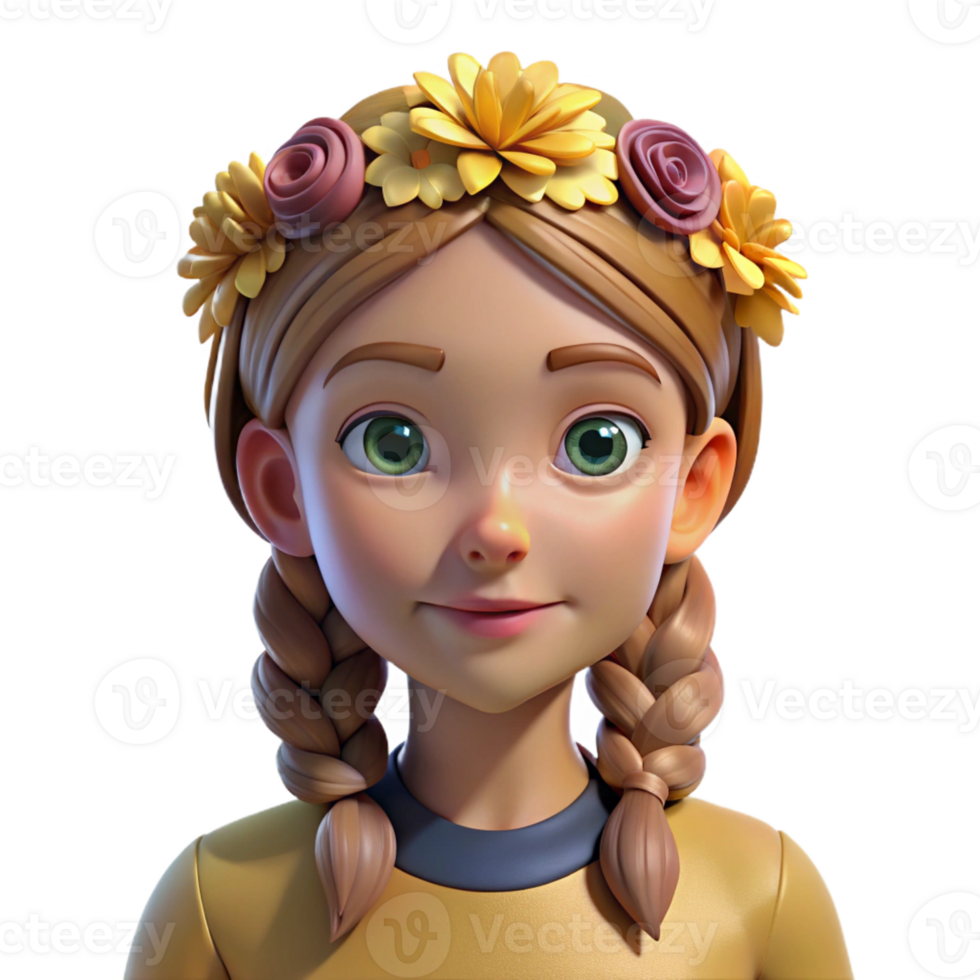 vibrant minimalist Portrait of a young girl with braided hair and flower crown, lit by dappled sunlight filtering through trees, in an Impressionist style high resolution png