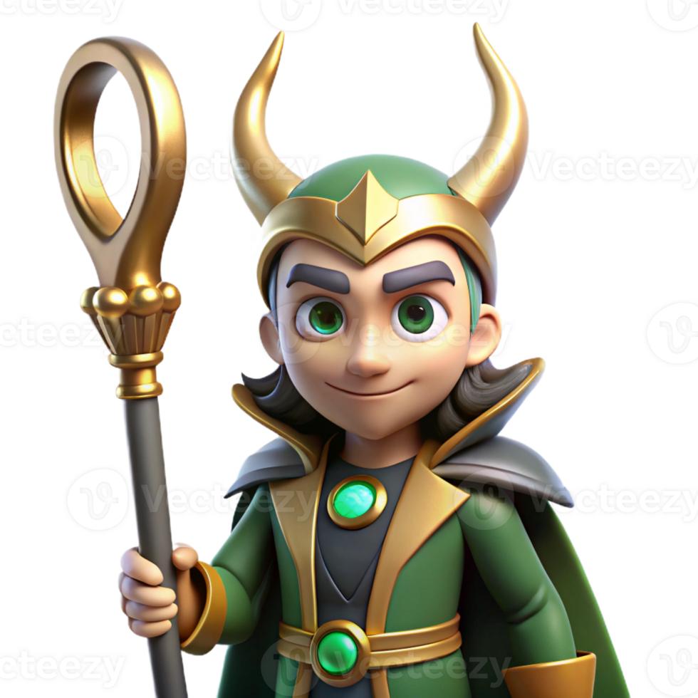 serene minimalist A cunning Loki with a mischievous glint in his eye, holding a magical staff. Norse mythology style. Dramatic, shadowy lighting high quality png