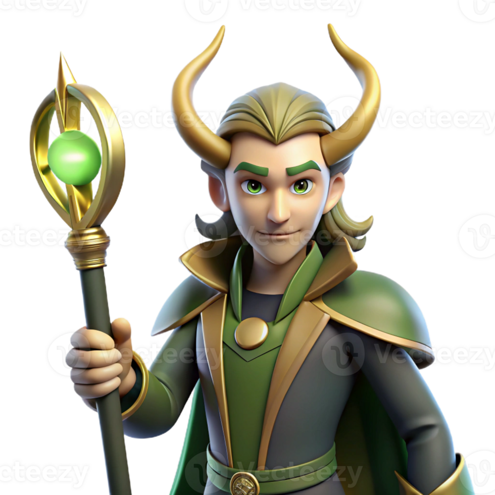 wonderful contemporary A cunning Loki with a mischievous glint in his eye, holding a magical staff. Norse mythology style. Dramatic, shadowy lighting high resolution png