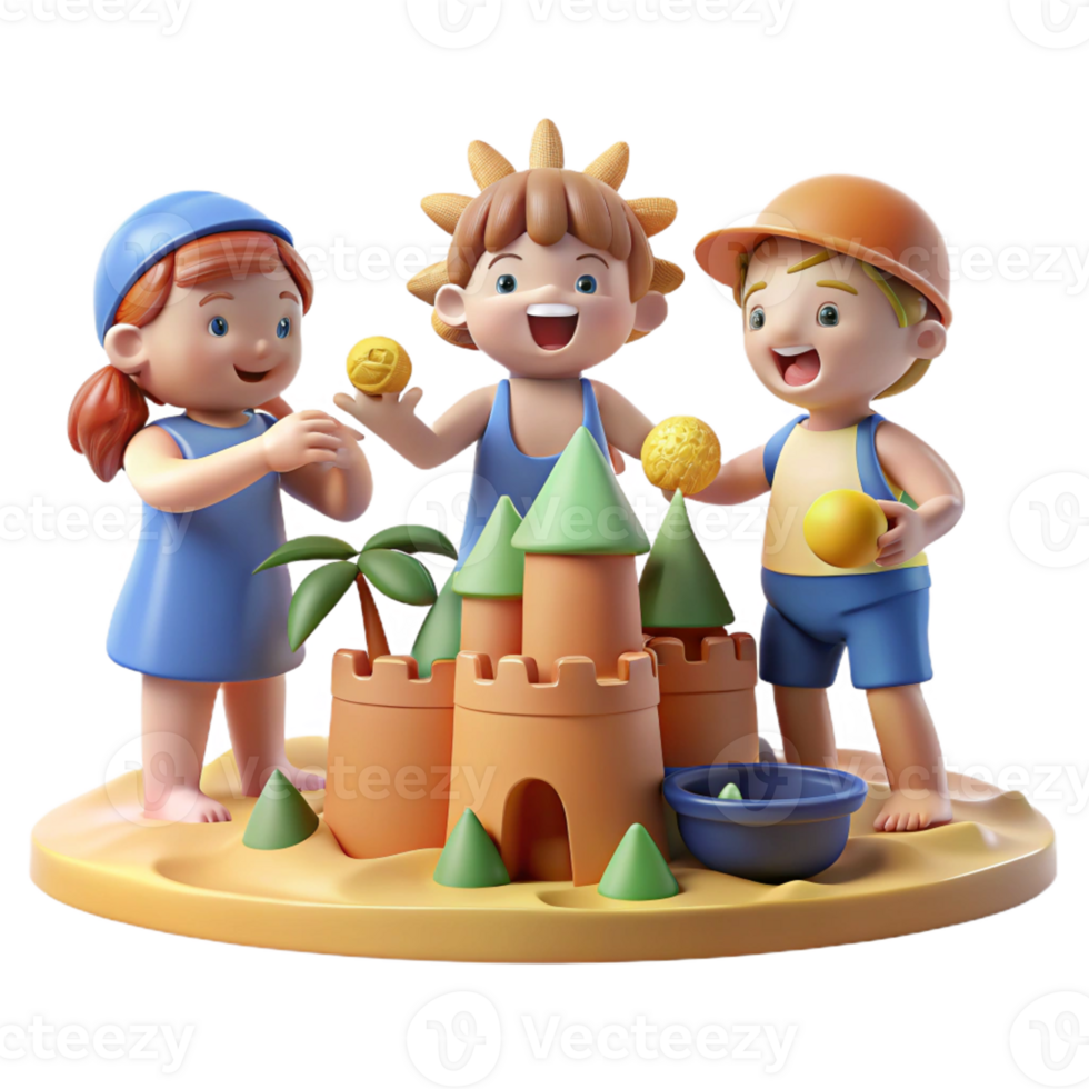 extraordinary contemporary A playful group of cartoon children building a sandcastle on a sunny beach, bright midday sun illuminating the scene, drawn in a simple and cheerful cartoon style original png