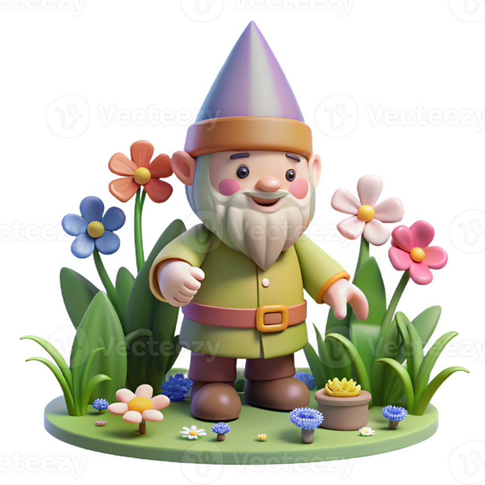 extraordinary modern A whimsical gnome with a pointy hat and a cheerful smile, tending a magical garden filled with glowing flowers. Children's book illustration style genuine png
