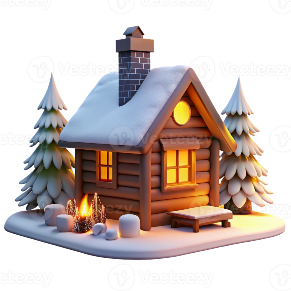 wonderful vintage A cozy log cabin in a snowy forest, warm firelight from within, rustic photography style high resolution png