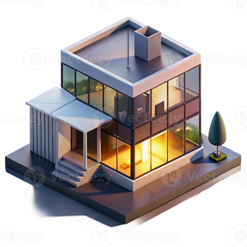 extraordinary artistic Modern minimalist house, clean lines, large glass windows, overlooking a cityscape, sunset lighting, isometric style detailed png