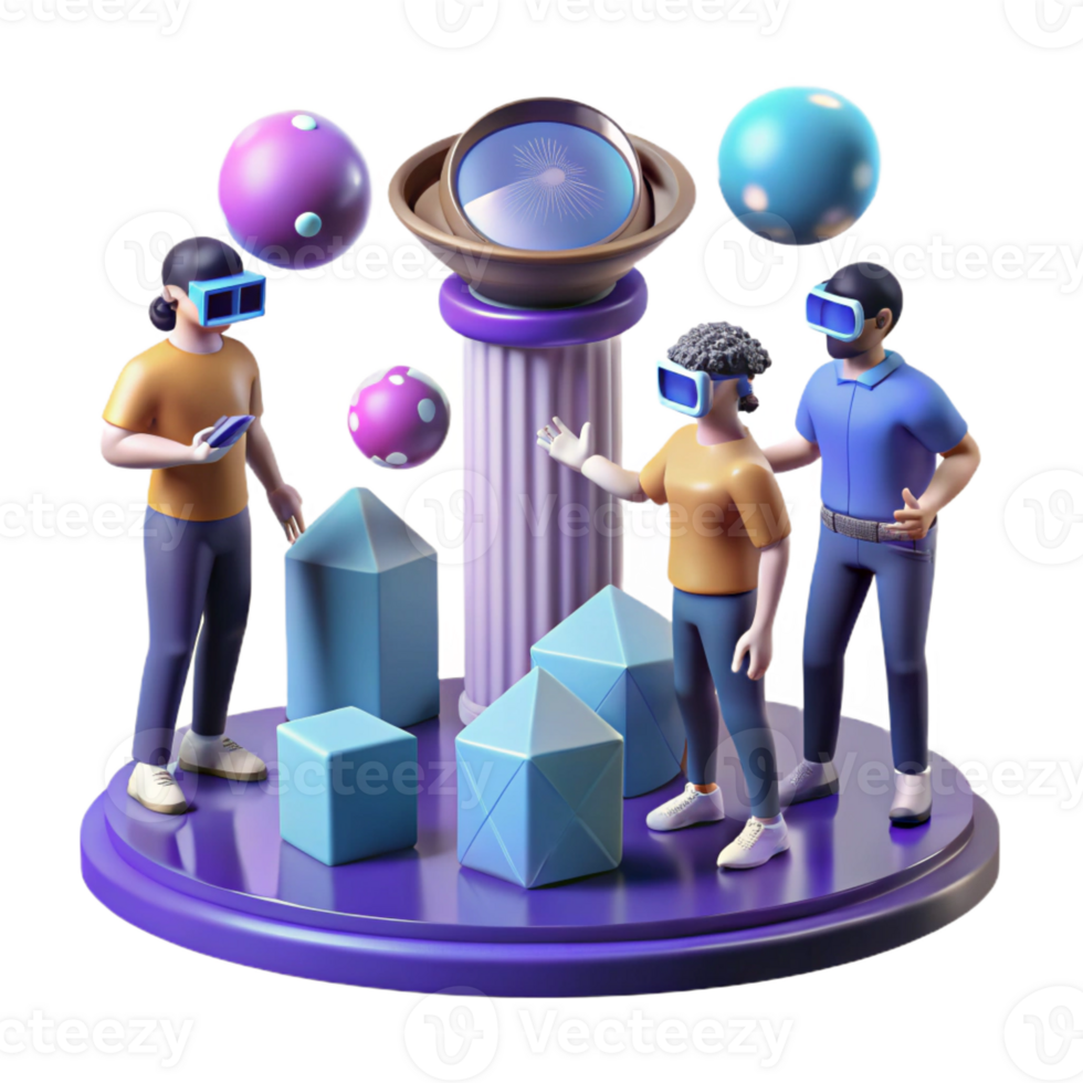 stunning creative A group of humans with augmented reality headsets exploring a virtual museum, surrounded by holographic artifacts. Photorealistic style 4K png