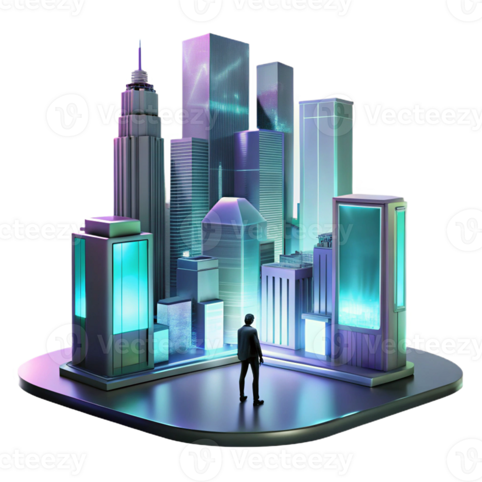 stunning contemporary A lone figure silhouetted against a backdrop of towering skyscrapers and holographic advertisements, in a moody, cinematic style high resolution png