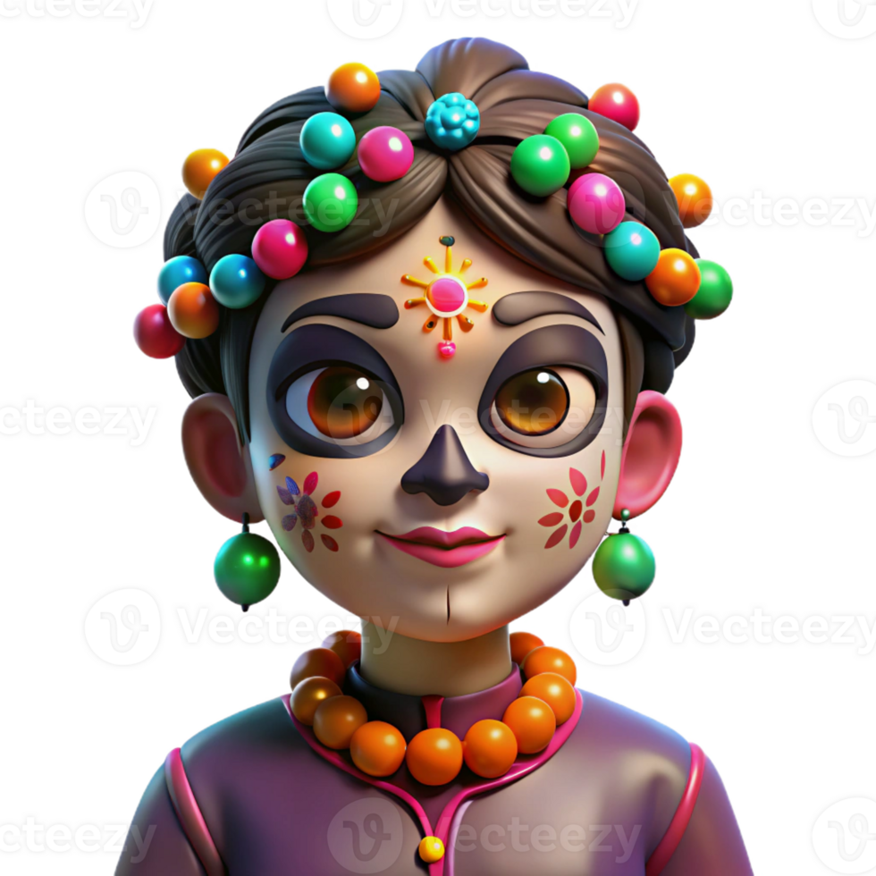 extraordinary traditional Portrait of a person with vibrant face paint inspired by Dia de los Muertos, lit by colorful string lights, in a folk art style 4K png