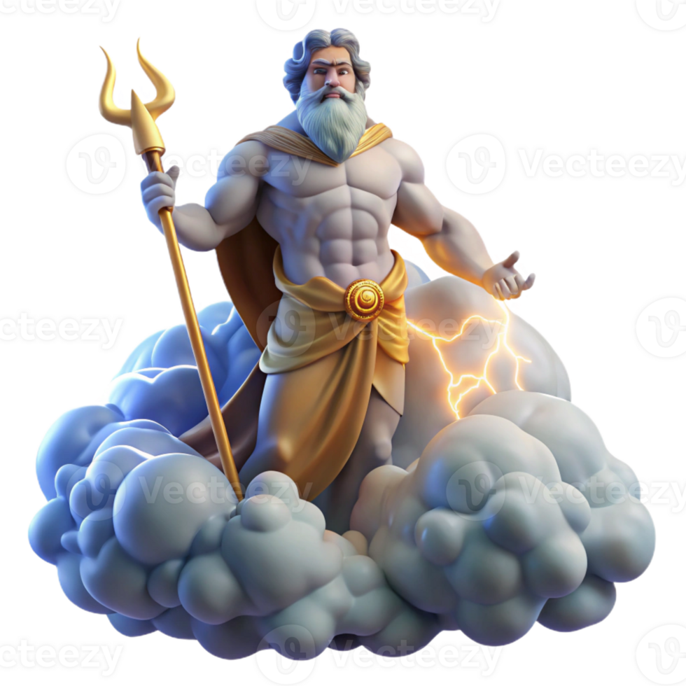 stunning traditional A powerful Zeus wielding a lightning bolt, standing atop Mount Olympus surrounded by swirling clouds. Classical style. Divine, glowing lighting authentic png