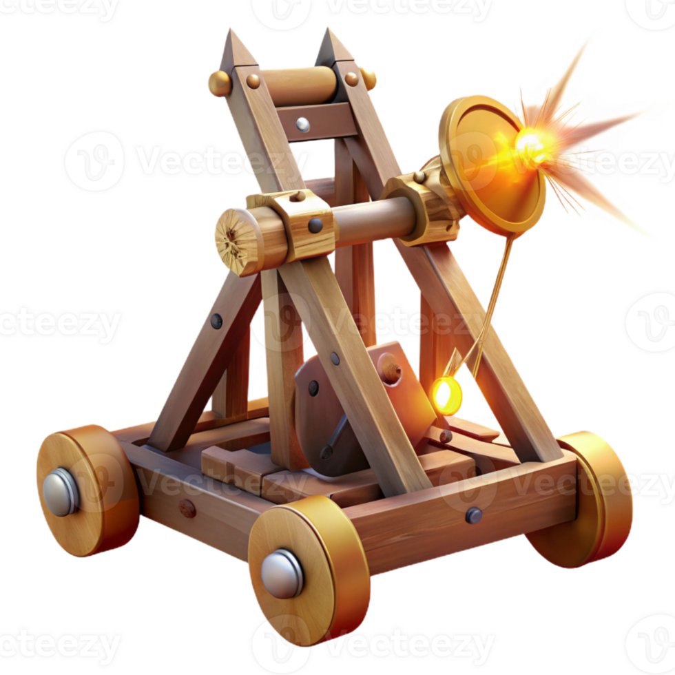 dramatic artistic A medieval siege weapon, a trebuchet, launching a projectile, dynamic action, realistic detail, bright sunlight original png