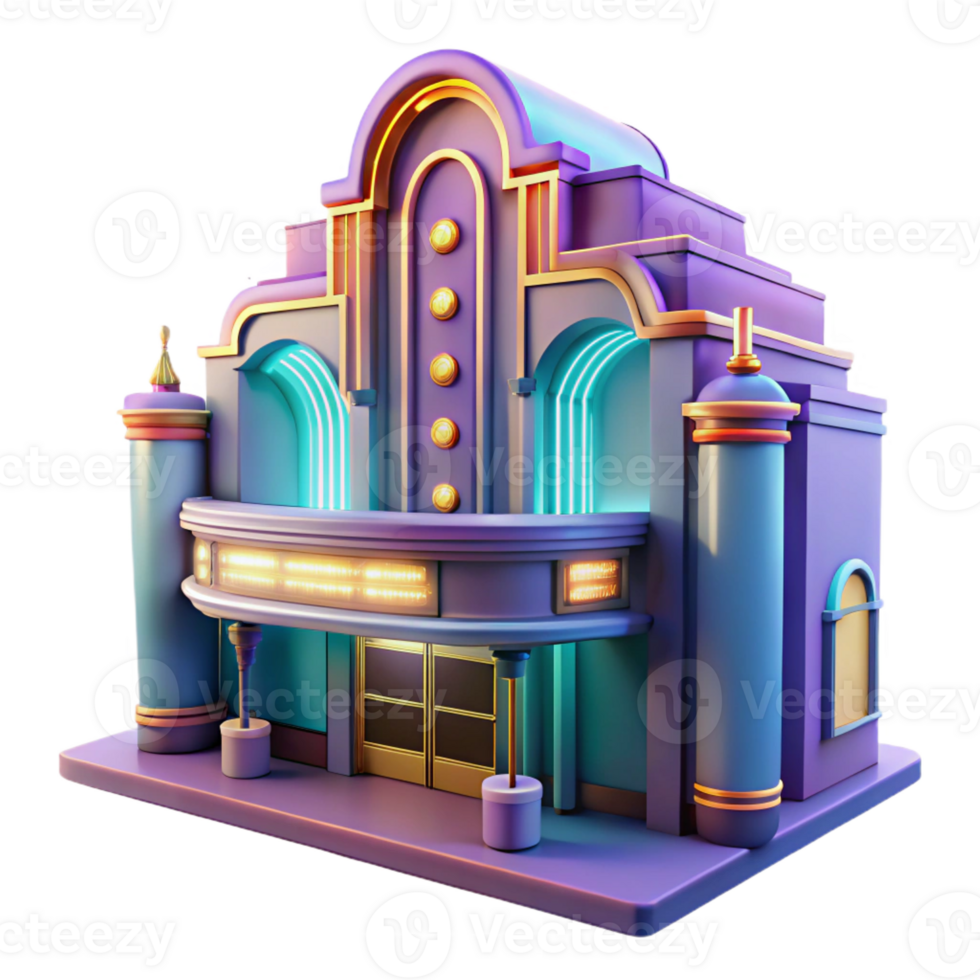 extraordinary artistic An intricate Art Deco movie theater with neon marquee, vibrant city lights, vintage photography style high quality png