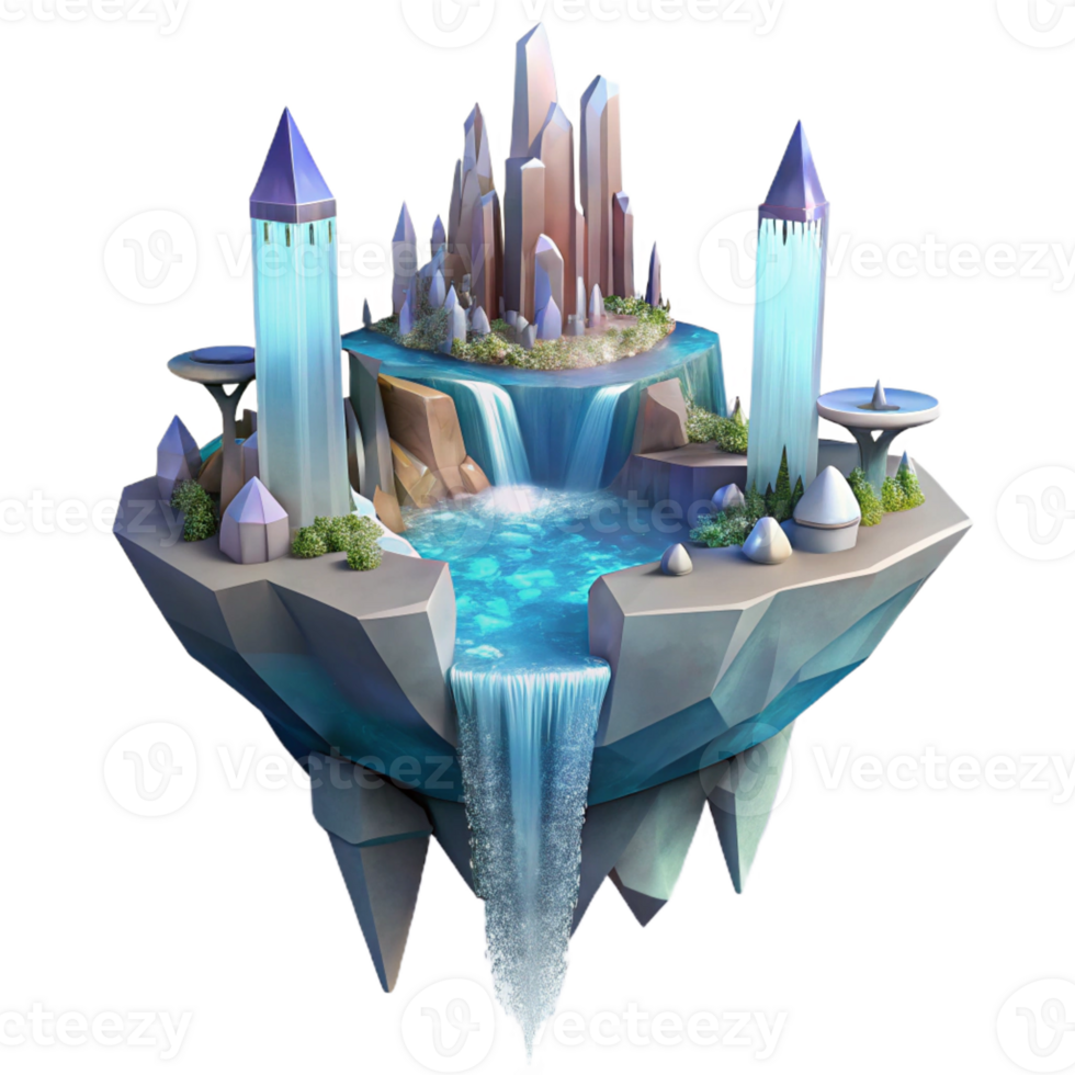 vibrant traditional Floating island city, waterfalls cascading down the sides, crystal towers, dreamlike lighting, fantasy style original png