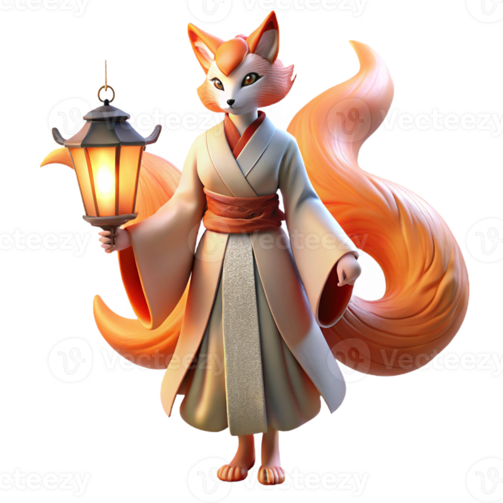 magnificent creative A cunning kitsune with nine flowing tails, transforming into a beautiful woman, under the light of a paper lantern. Ukiyo-e style exclusive png