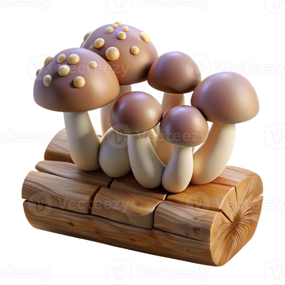 stunning creative A cluster of mushrooms growing on a log, earthy tones, soft diffused light, nature photography style authentic png