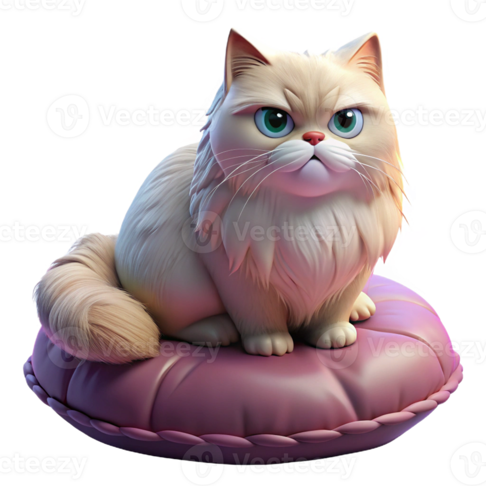 vibrant traditional A grumpy Persian cat perched on a velvet cushion, illuminated by a soft, ambient light, in a photorealistic style high quality png