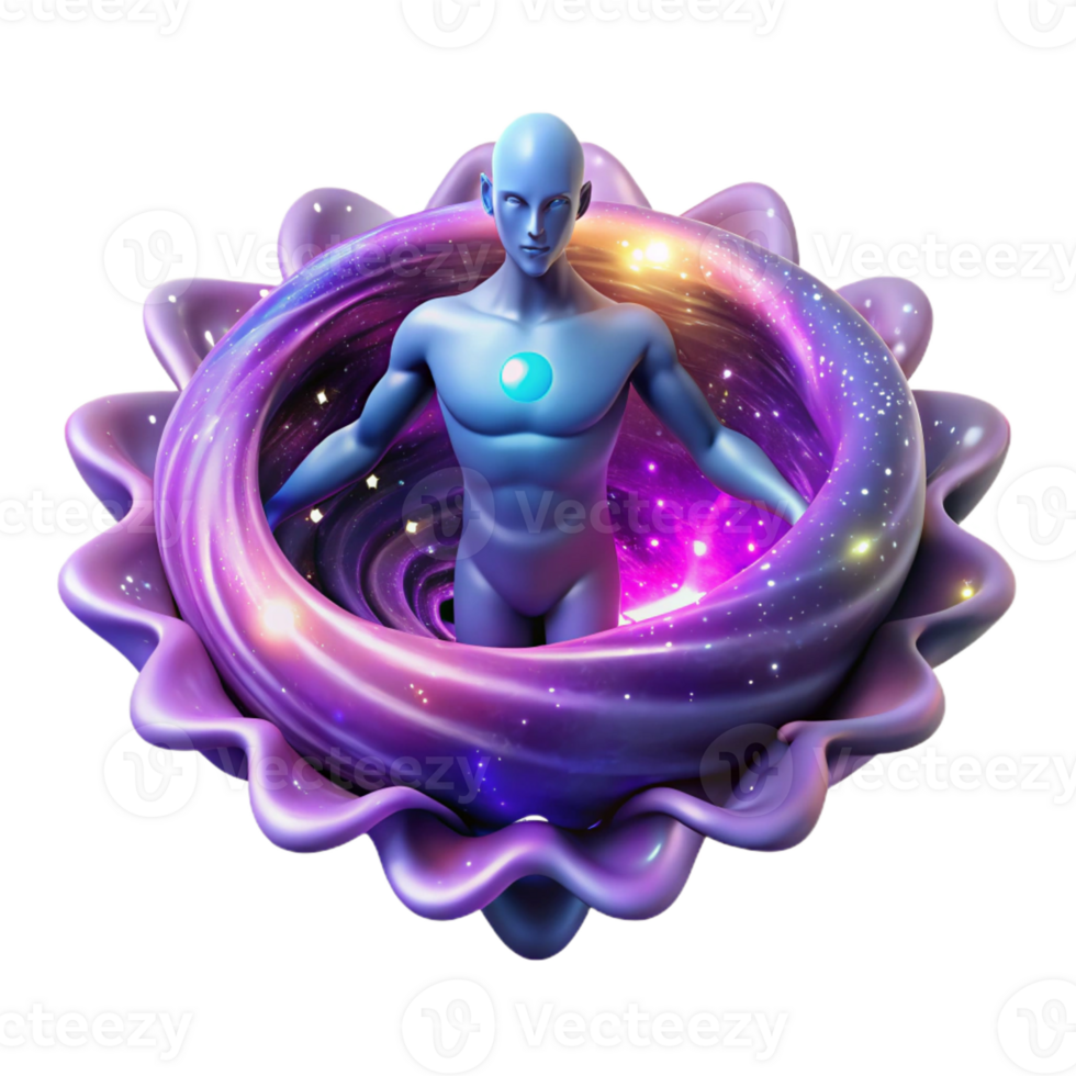 serene minimalist A vibrant, swirling vortex of cosmic energy giving birth to a humanoid deity with constellations for skin, illuminated by nebulae, in a psychedelic style detailed png