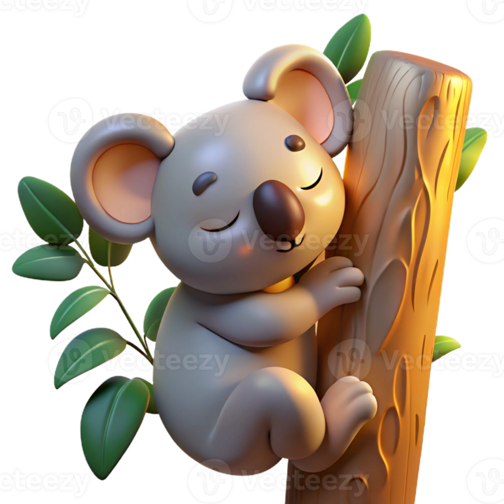 magnificent abstract A sleepy koala clinging to a eucalyptus tree, illuminated by warm sunlight, in a cute, photorealistic style high quality png